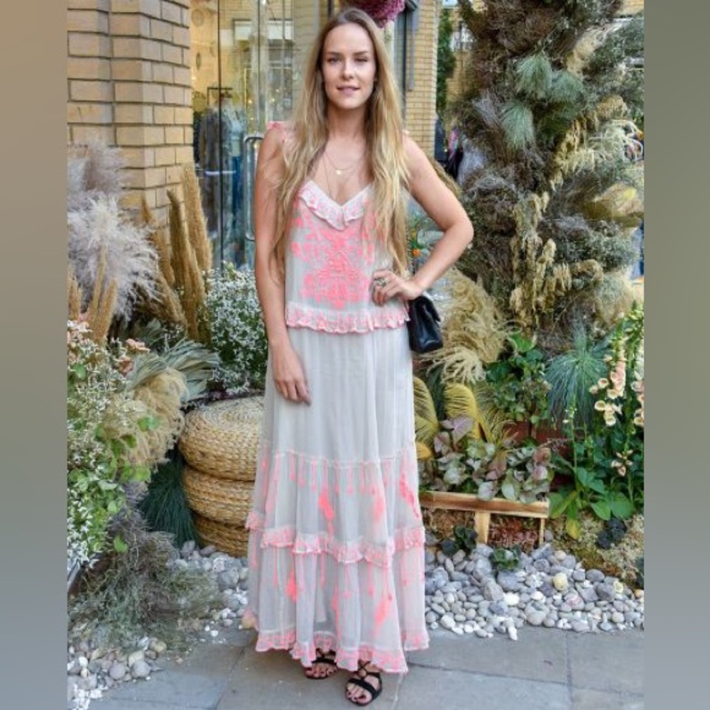 Free People Embroidered Maxi Dress Boho Ruffle Floral Size S - Picture 4 of 15